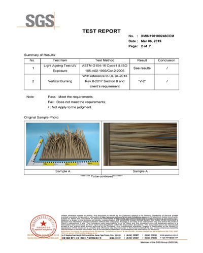 Synthetic Thatch Roof UV and Burning Test SGS Certificate