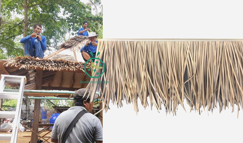 Installation of plastic thatch roof products for resort hotel gazebo roof replacement Installation of plastic thatch roof products for resort hotel gazebo roof replacement