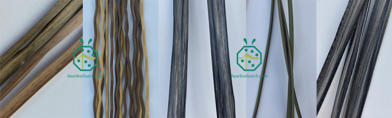 Different types of plastic rattan strips used for weaving of plastic thatch roof panels Different types of plastic rattan strips used for weaving of plastic thatch roof panels