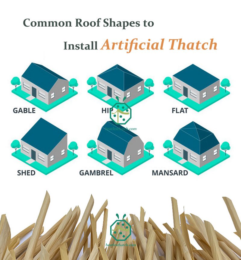 Faux nipa thatch roof tiles used for Gable thatch roof, Shed, Hip, Flat thatched house, Gambrel, Mansard Faux nipa thatch roof tiles used for Gable thatch roof, Shed, Hip, Flat thatched house, Gambrel, Mansard