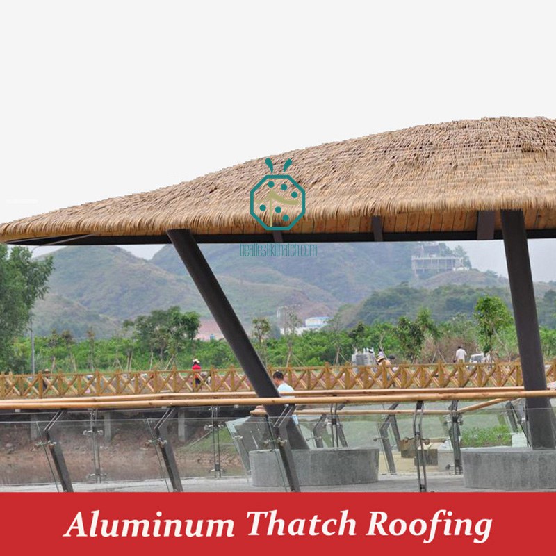 Various applications for aluminum thatch roof panels, such as park gazebo, zoo pavilion, shopping mall pergola, restaurant wooden shelter Various applications for aluminum thatch roof panels, such as park gazebo, zoo pavilion, shopping mall pergola, restaurant wooden shelter