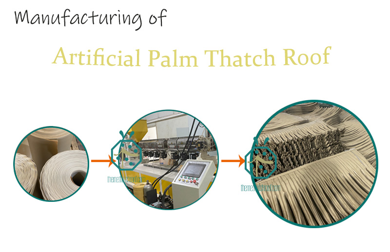 Production of high quality plastic palm thatch roof shingle for wooden lodge construction in Malaysia beach area Production of high quality plastic palm thatch roof shingle for wooden lodge construction in Malaysia beach area