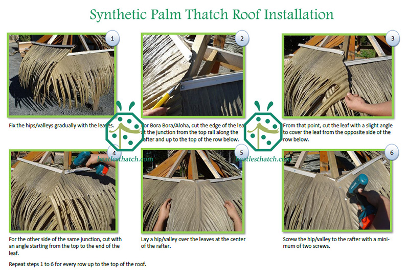 Installation of synthetic palm thatch roof on wooden lodge cabin buildings Installation of synthetic palm thatch roof on wooden lodge cabin buildings