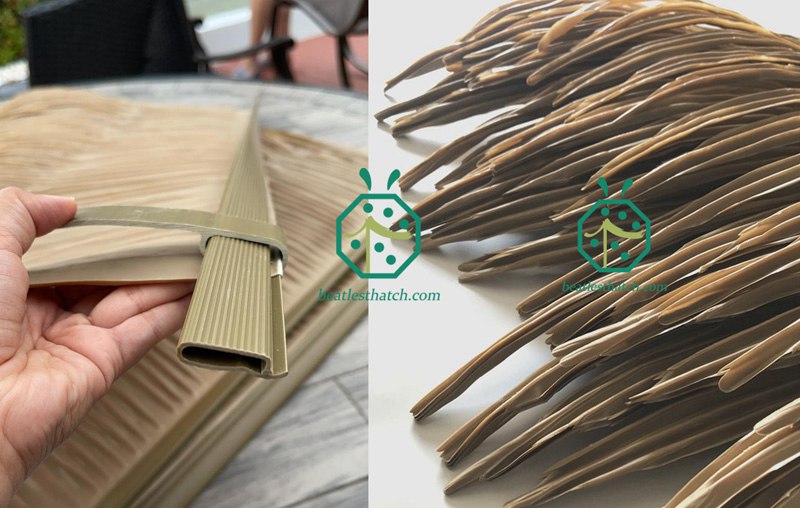 Synthetic palm thatch roofing to be assembled with fixing rails Synthetic palm thatch roofing to be assembled with fixing rails