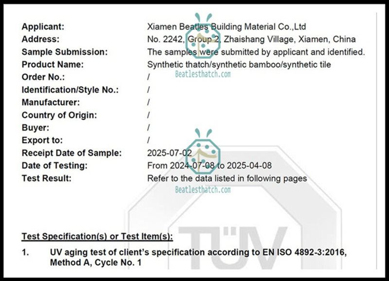 Artificial Thatch Roof UV Aging Test According to EN ISO 4892 Standard