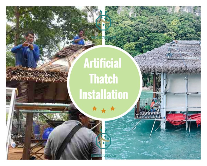Installation of simulated alang alang thatch roof panels Installation of simulated alang alang thatch roof panels